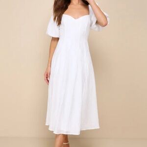Lulu's Heavenly Energy White Textured Puff Sleeve Pleated Midi Dress